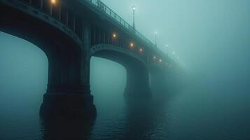 A mysterious bridge looms through thick fog, its arches reflected in the serene water below. photo