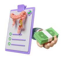3d check list for health with colon, doctor hand holding a stack of banknotes isolated. health check report, medicare concept, 3d illustration render png