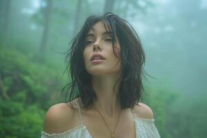 A young woman with dark hair stands serenely in a misty forest, embodying tranquility and connection with nature. photo