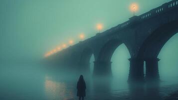 A solitary figure stands in misty silence under a grand stone bridge adorned with glowing lanterns. photo