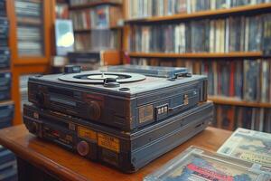 A vintage audio cassette player sits atop a record player, surrounded by a collection of vinyl records and cassettes. photo