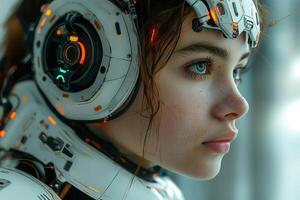 A close-up portrait of a young female with a futuristic robotic headset, showcasing a blend of technology and human features. photo