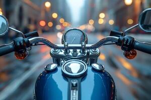 Close-up of motorcycle handlebars with a cityscape backdrop, showcasing a glinting chrome finish and urban reflections. photo