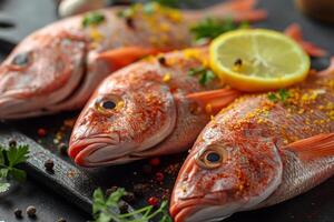 Three beautifully arranged fresh fish garnished with herbs and lemon slices, creating a vibrant and appetizing scene. photo