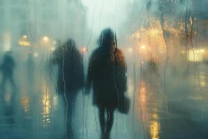 Silhouetted figures holding hands under rainy weather, creating a romantic and moody scene. photo