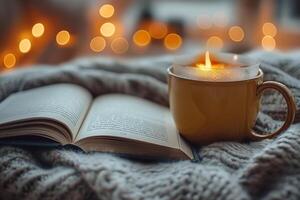 A cozy scene featuring an open book beside a warm mug and a glowing candle, perfect for a relaxing evening. photo