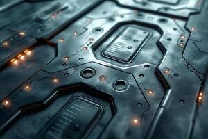 Close-up of a futuristic, textured surface with glowing elements, showcasing a blend of sleek design and intricate circuitry patterns. photo