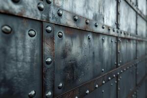 Close-up of industrial metallic wall with riveted panels, featuring a mix of smooth and textured surfaces, exuding a rugged charm. photo