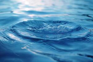 Close-up of water ripples and bubbles creating serene patterns in clear blue water, capturing tranquility and fluid motion. photo