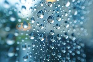 Close-up of water droplets on a glass surface, creating a soothing, refreshing atmosphere. photo