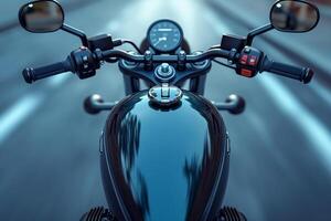 Close-up view of a motorcycle's handlebars and speedometer, showcasing a sleek design against a blurred background. photo