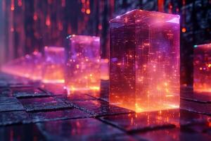 A vibrant cyberpunk scene featuring glowing, transparent cubes lining a patterned floor, creating an otherworldly ambiance. photo