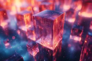 A mesmerizing futuristic landscape of glowing crystal-like structures illuminated by vibrant light. photo