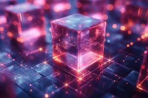 A futuristic translucent cube surrounded by glowing digital elements, symbolizing technology and innovation in a vibrant, ethereal setting. photo