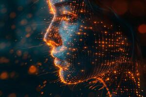 A mesmerizing digital portrait of a woman illuminated by glowing particles, creating a futuristic aura. photo