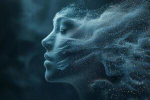 A serene female figure emerging from a cloud of particles, creating an ethereal and dreamlike effect. photo