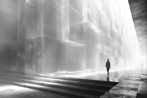 A lone figure walks through a minimalist, foggy corridor of glass structures, reflecting light and creating a sense of mystery. photo