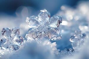 Close-up view of delicate ice crystals shimmering in soft light, showcasing intricate snowflake patterns. photo