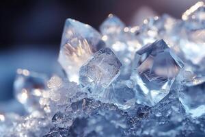 Close-up of shimmering clear crystals showcasing intricate facets in soft blue light. photo