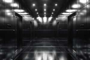 A sleek, modern elevator lobby featuring black tile and bright overhead lighting. photo