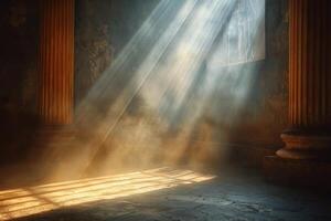Golden rays of sunlight pour through a dusty window in an abandoned room, creating a serene atmosphere. photo