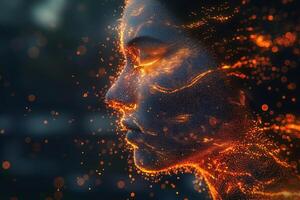 A serene portrait of a woman with flowing light patterns, creating an ethereal, fiery effect on her face. photo