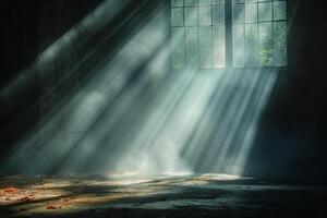 Mysterious light beams cascade through a dusty window, illuminating a quiet room filled with nature's solitude. photo