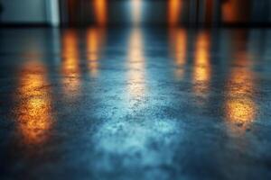 A stunning, reflective concrete floor with warm lighting creating a serene atmosphere. photo