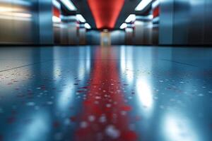 A low-angle view of a modern hallway with glossy floor, reflecting red lights and patterns, creating a dramatic atmosphere. photo