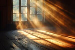A sunlit room with beams of warm light streaming through a dusty window, creating a serene atmosphere. photo