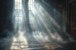 Mysterious, ethereal rays of light stream through foggy windows in an abandoned room, creating a haunting atmosphere. photo