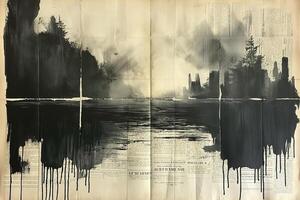 A captivating black and white abstract painting with dramatic ink drips, depicting a mysterious landscape and layers of text. photo