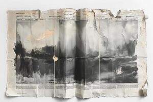 An abstract black and white artwork created on a torn old newspaper, showcasing a moody landscape with textured details. photo