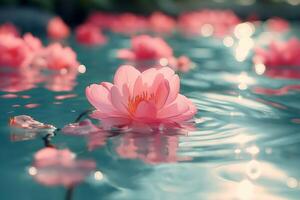Serene pink water lily floating gracefully on calm turquoise waters, creating a tranquil and picturesque scene. photo