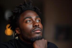 A young Black man with textured hair in a thoughtful pose, illuminated by soft light, creating a serene and introspective mood. photo