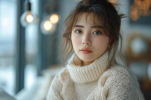 A young Asian woman with soft features gazes thoughtfully while wearing a cozy ivory sweater in a softly lit room. photo