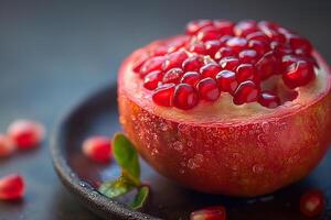 A beautifully sliced pomegranate with juicy red seeds, resting on a dark plate, showcasing its vibrant color and refreshing texture. photo