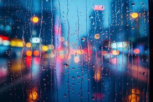 A mesmerizing view through a rain-drenched window, showcasing vibrant city lights and a charming urban ambiance. photo