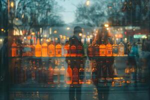 A variety of colorful bottles reflecting the evening lights, creating a warm and inviting atmosphere. photo