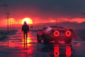 A hooded figure stands by a futuristic car at sunset, with vivid reflections on the wet road, creating a dramatic, moody scene. photo