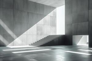 A serene, minimalist interior with concrete walls and stark light contrasting in a modern architectural space. photo