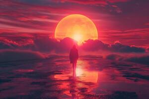 A silhouette of a woman walks towards a vibrant pink sun setting on a glossy, reflective surface, evoking a sense of wonder and tranquility. photo