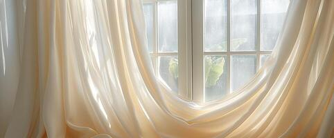 Soft, sunlight-filtered curtains drape gracefully by a window, creating a serene and cozy atmosphere. photo