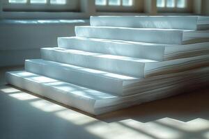 A unique art installation featuring stacked, pristine white paper resembling steps bathed in soft sunlight. photo