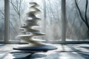 Abstract white sculpture resembling a Christmas tree, set against a misty, tranquil background of bare trees. photo
