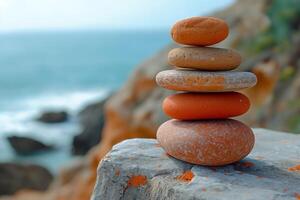 A serene stack of five smooth stones balanced on a rocky ledge, overlooking the tranquil ocean waves. photo