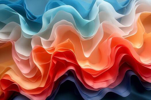 A vibrant swirl of fabric layers in blue, orange, and white, creating a soft, flowing wave pattern. photo