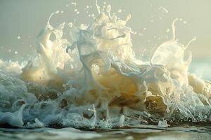 A stunning close-up of ocean waves crashing, creating dynamic splashes and droplets in a soft, dreamy light. photo