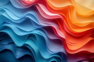A vibrant abstract composition featuring layered paper in gradients of blue, orange, and yellow, creating a wavy texture. photo