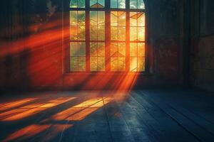 Sunlight streams through an ornate window, illuminating a deserted room with a warm, golden glow. photo